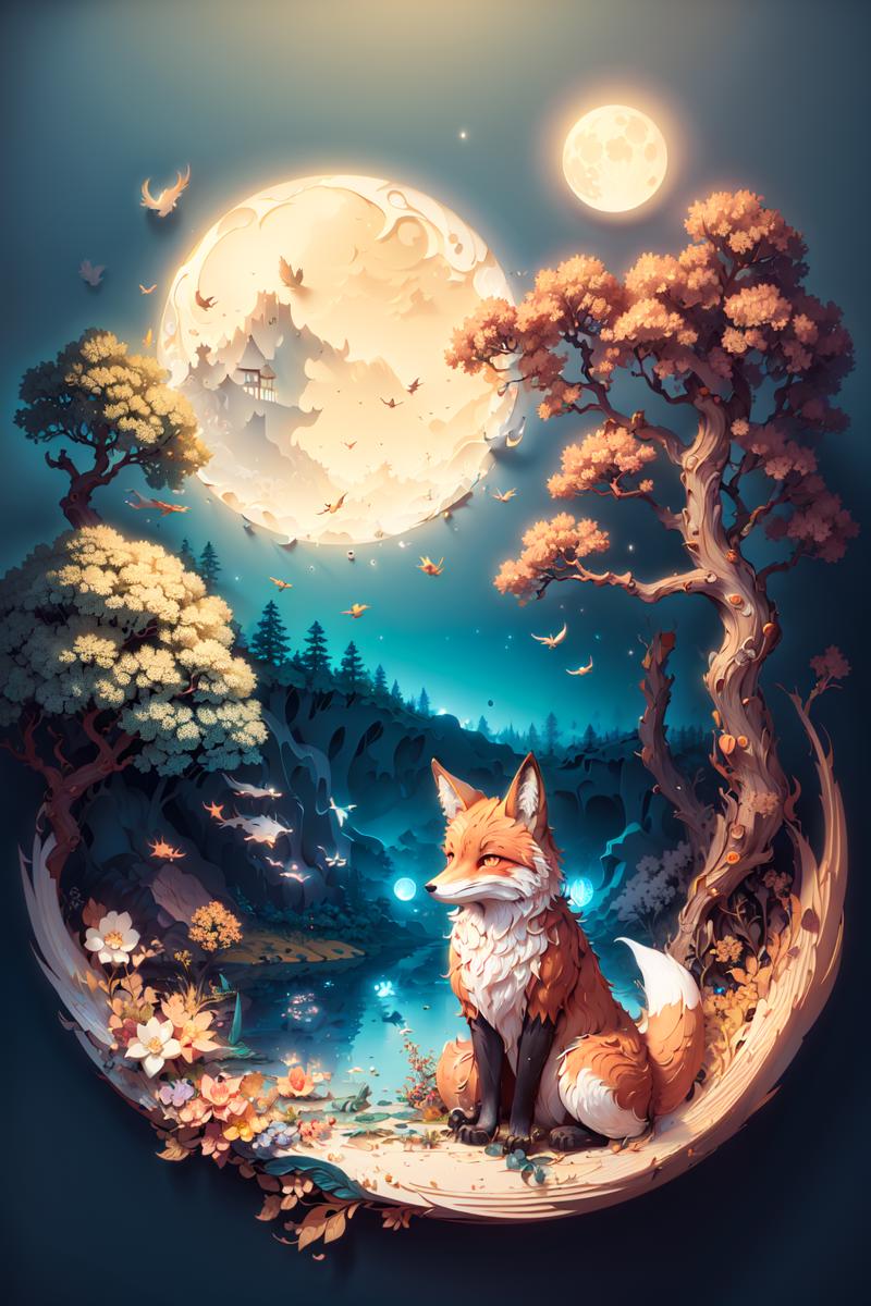 02191-2127539051-(((masterpiece))),bestquality,illustration,beautifuldetailedglow,paper_cut,,tree,moon,rendered eyes,Fox,.png